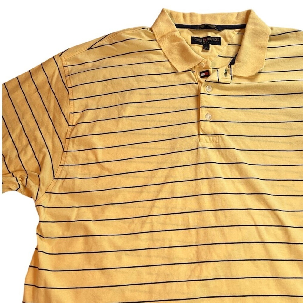 Tommy Hilfiger Golf Mens XL Polo Shirt Yellow Navy Blue Striped Cotton Short Slv